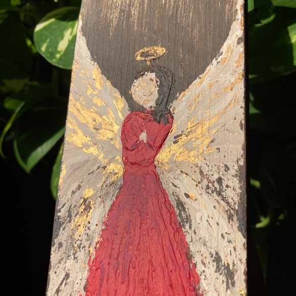 Red Angel Painting on Wood Block. Hand painted. Textured Acrylic Painting - Picture 4 of 8